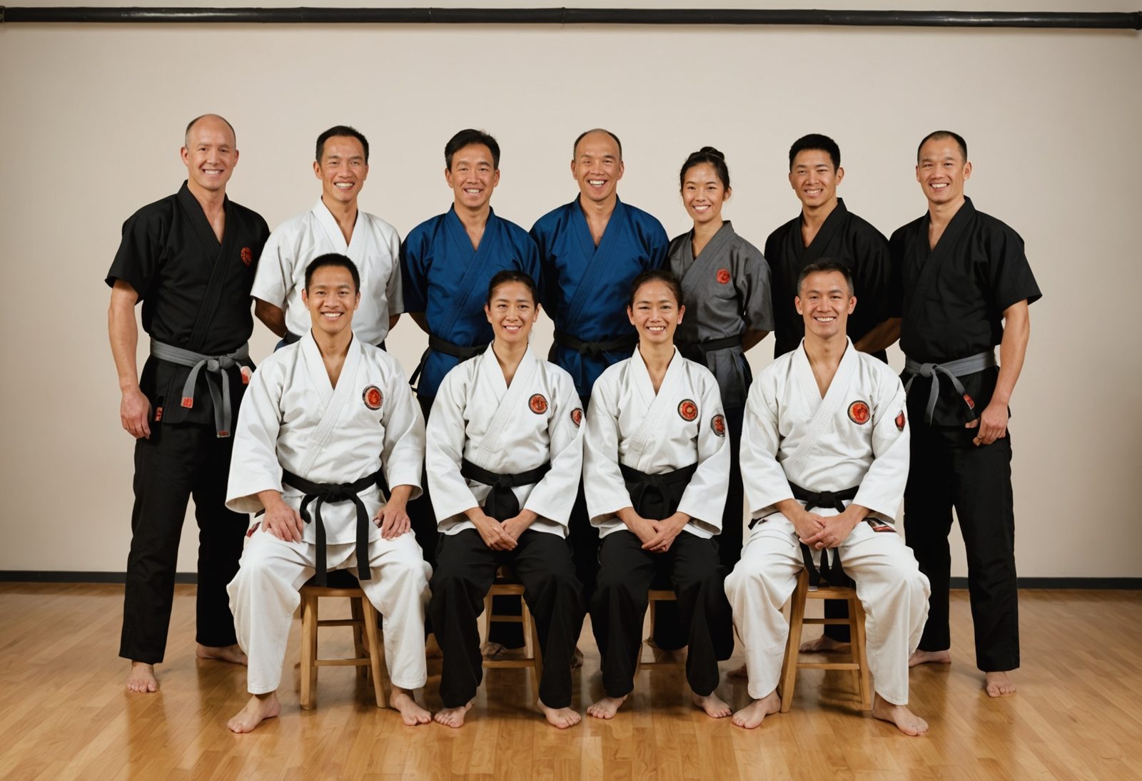group of happy adult martial arts students and their instructor together after training
