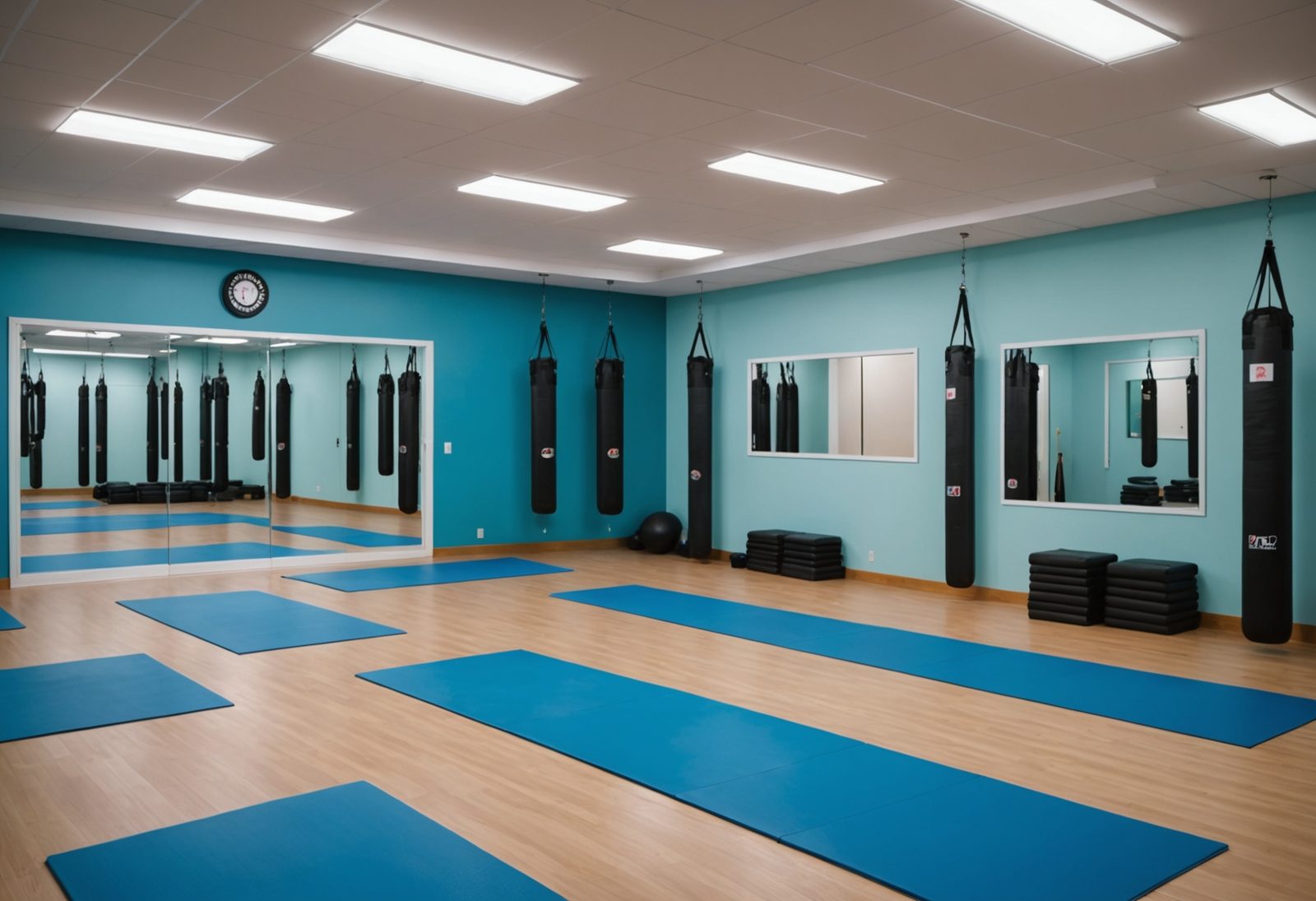 Interior of a modern martial arts studio with training mats and mirrors