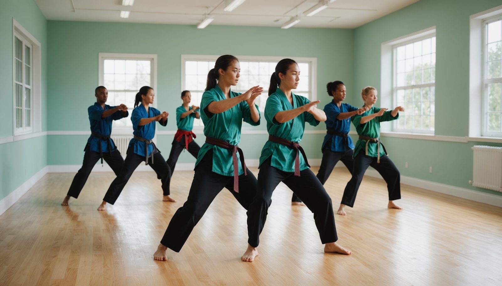 martial arts class with students practicing together in a bright studio