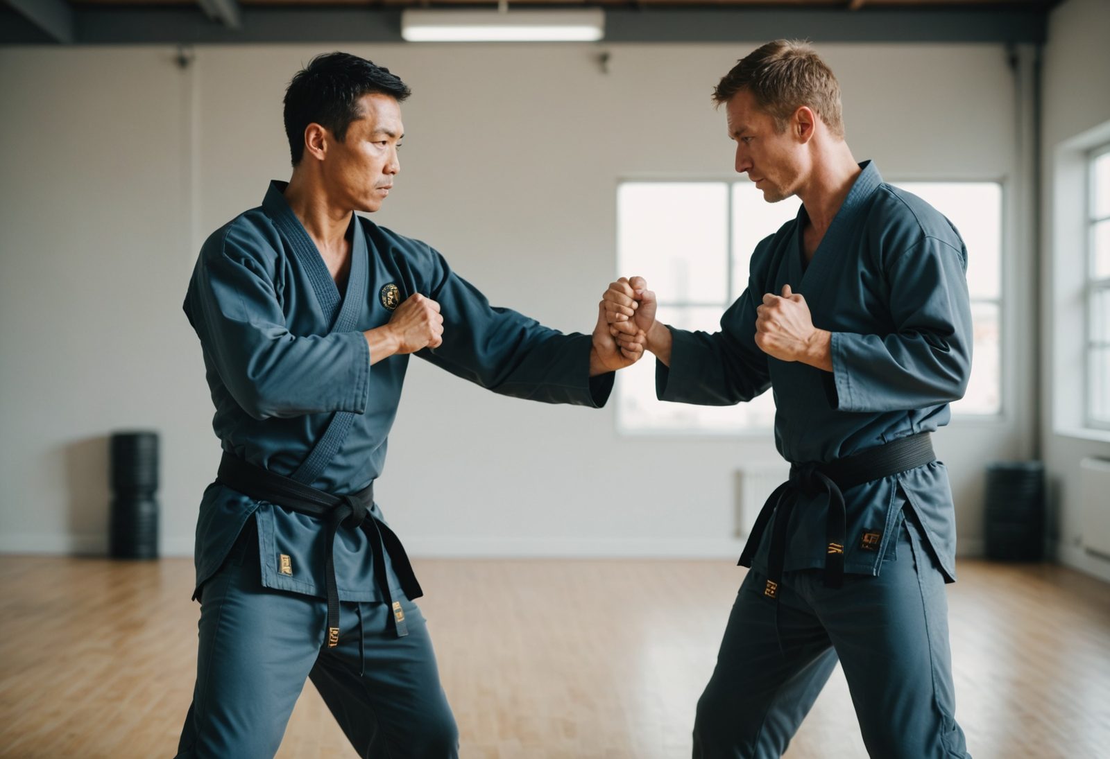 two people practicing self-defense partner drills together